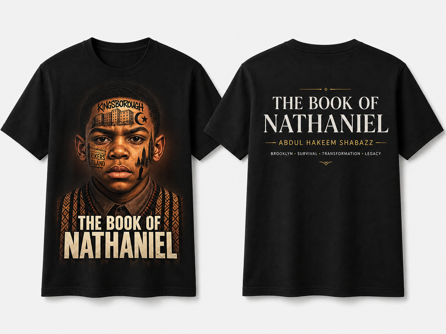 Front and back mockup of The Book of Nathaniel Signature Tee